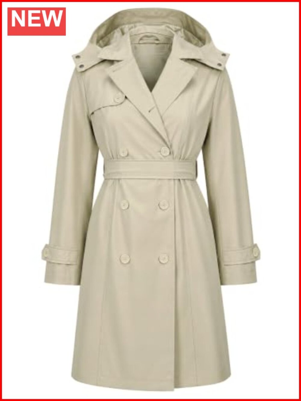 Women's Trench Coat Double Breasted Detachable Hood Belted Mid Length